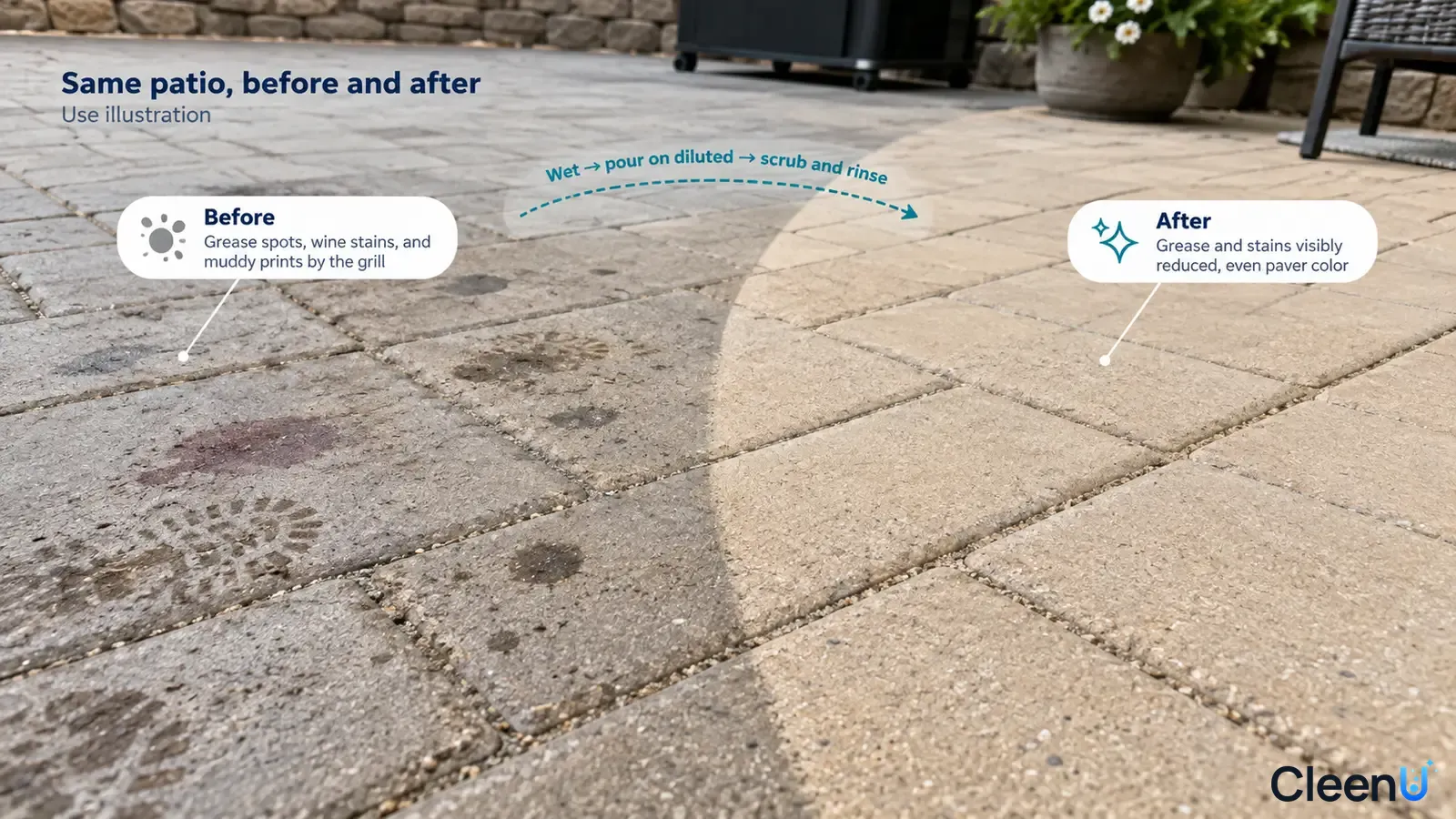 Illustration: Grease spots and red stains beside a clearer paver area; not a measured cleaning test.