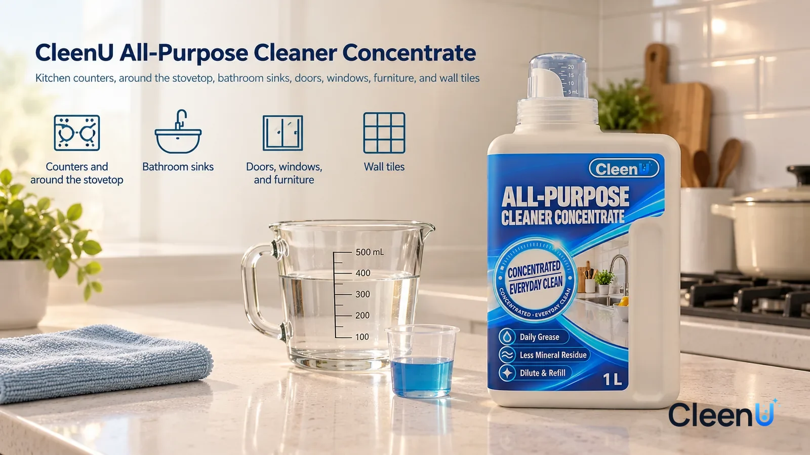Illustration: CleenU All-Purpose Cleaner Concentrate — keep the same white quartz kitchen counter, white glazed backsplash and pale-blue microfiber cloth; show ordinary thin cooking-oil film