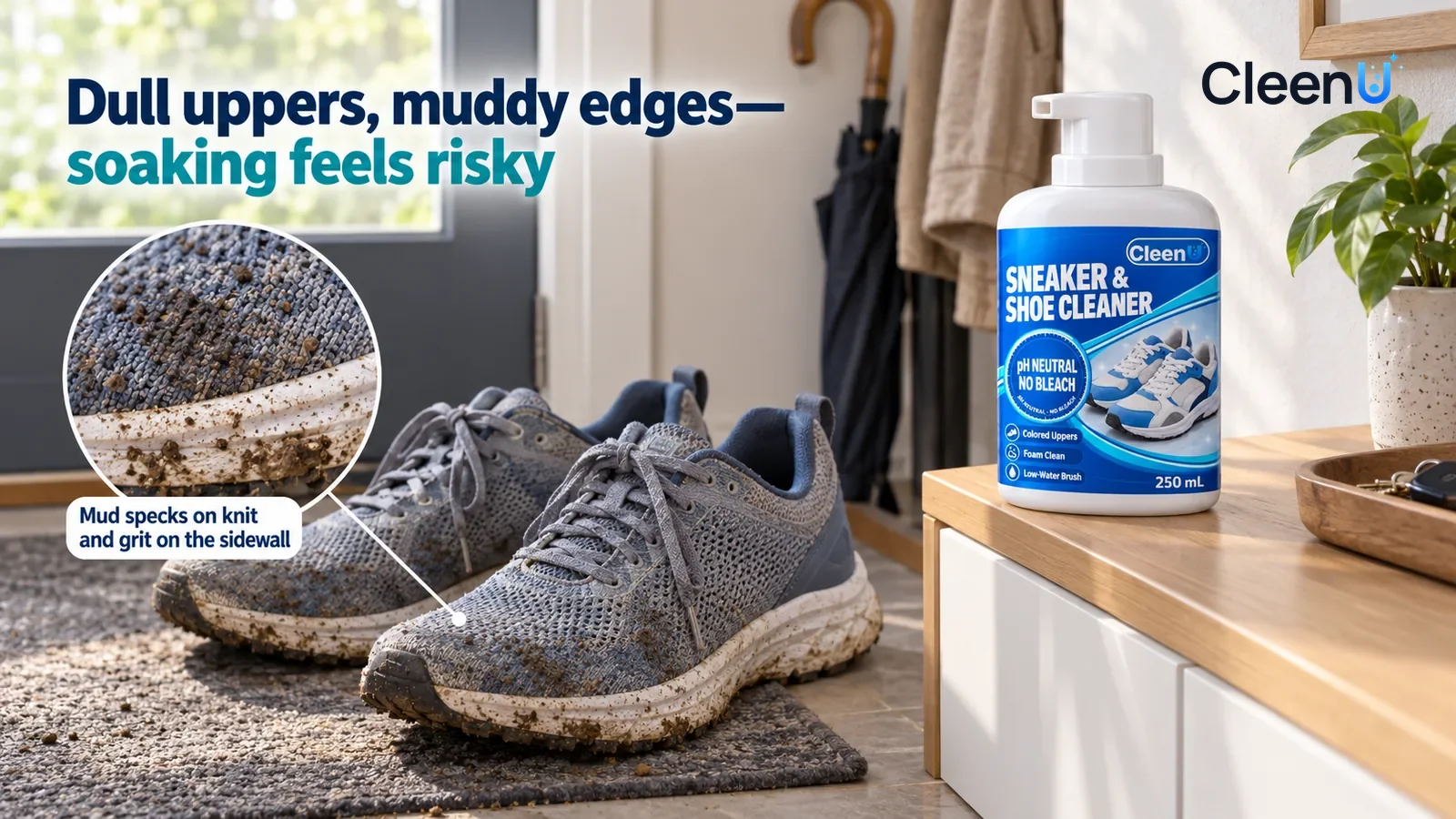 Illustration: CleenU Sneaker & Shoe Cleaner — An everyday entryway, a pair of grey-blue knit running shoes (no brand marks) just taken off after a run sits on the mat beside the shoe cab