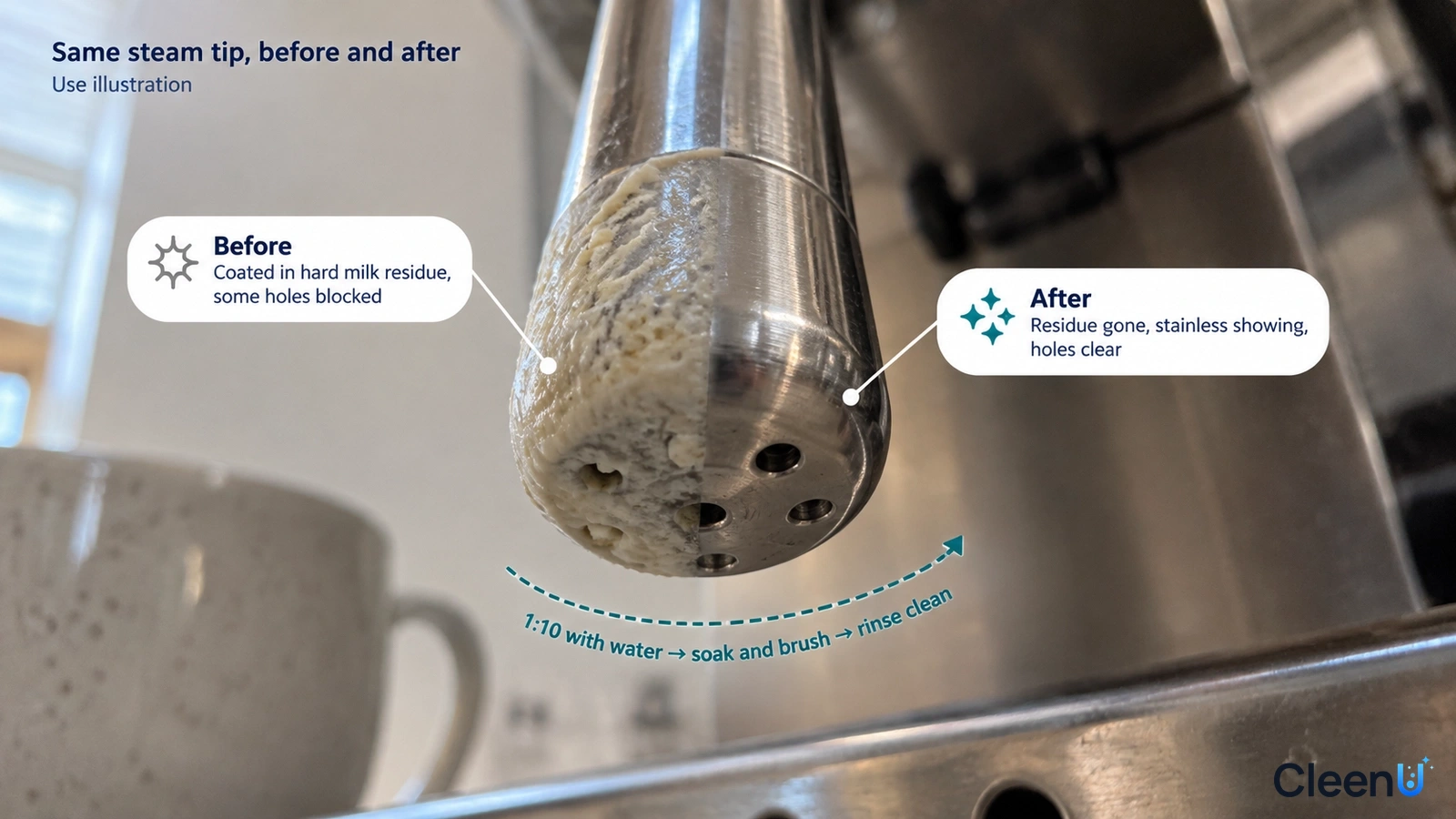 Illustration: Milk residue beside a clearer steam-tip area; not a measured cleaning test.