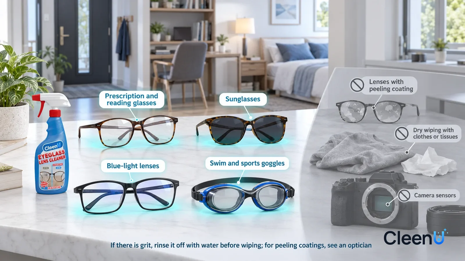 Illustration: CleenU Eyeglass Lens Cleaner — A realistic 3D cutaway of a bright home's study, bedroom, and entryway, one continuous space from one viewpoint: prescription glasses