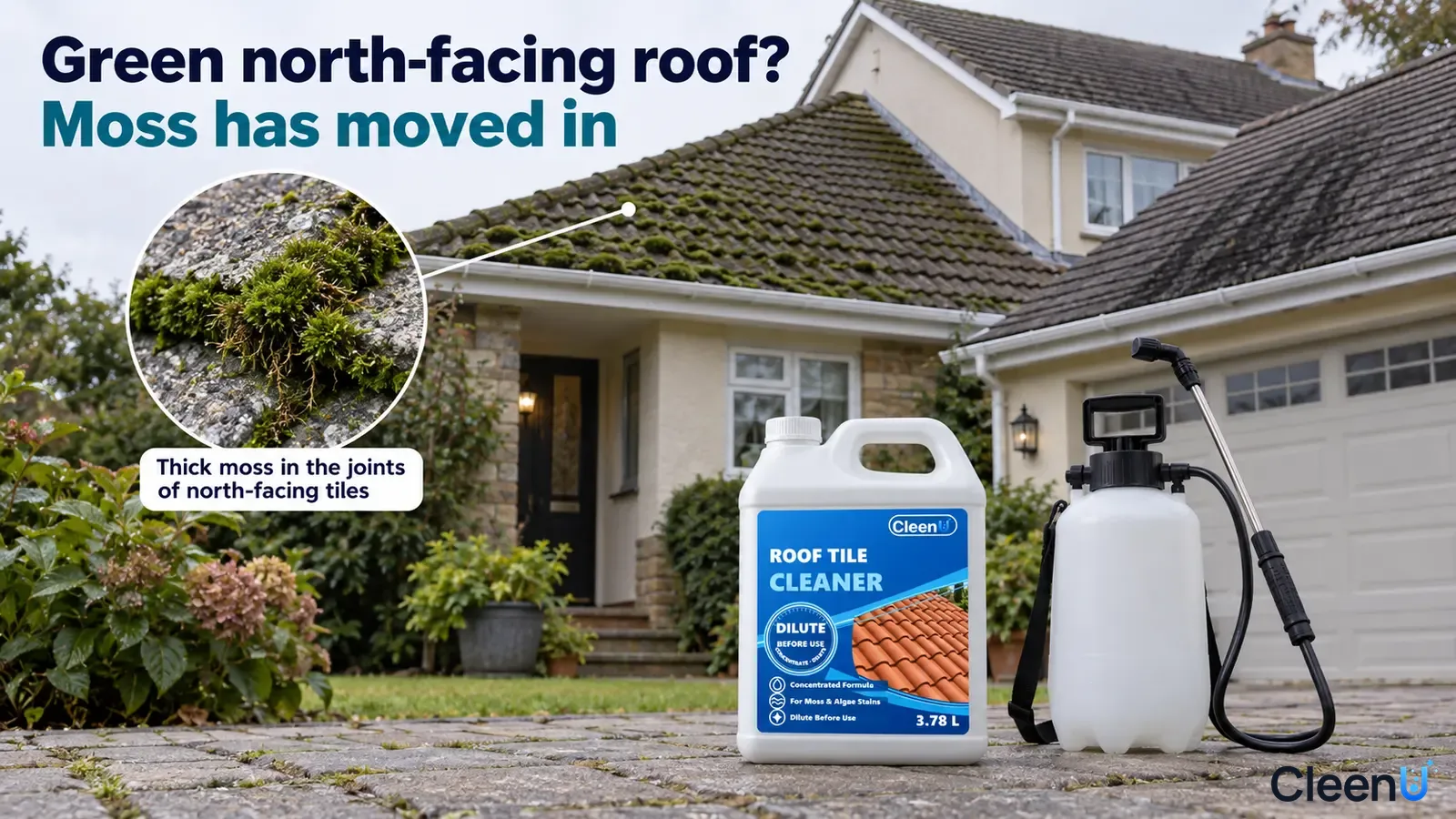 Illustration: Green moss on house roof tiles beside a white cleaner jug and pump sprayer.