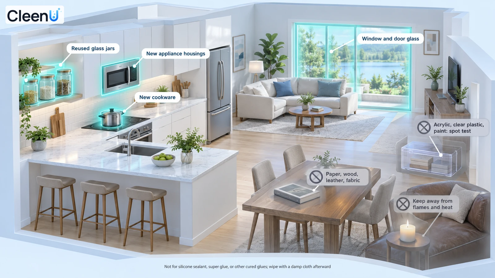 Illustration: Highlighted glass, metal and household surfaces in a kitchen and living room beside use precautions.