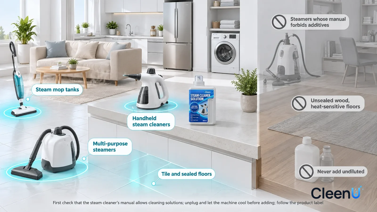 Illustration: CleenU Steam Cleaner Solution — A realistic 3D cutaway of a bright home's living room, kitchen, laundry room, and study, one continuous space from one viewpoint