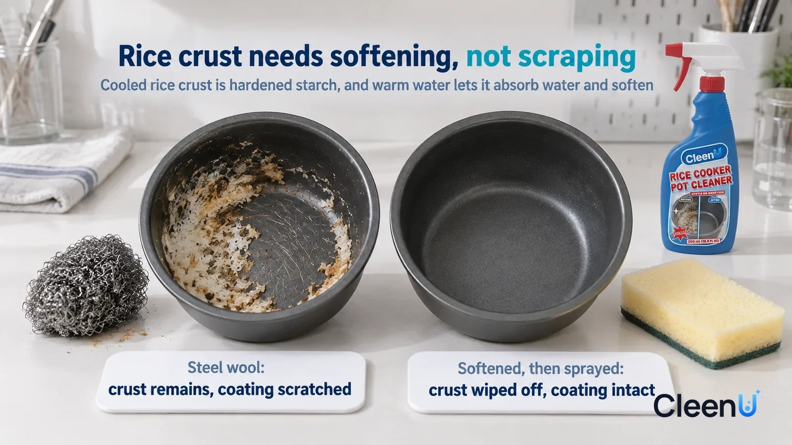 Illustration: CleenU Rice Cooker Pot Cleaner — A landscape medium close-up of a small experiment in a cleaning lab: two identical round dark grey nonstick-coated samples side by side on a Headline: "R