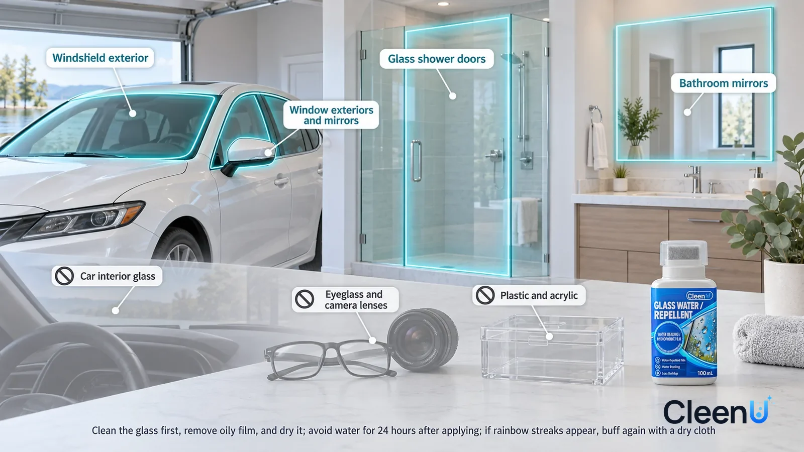 Illustration: CleenU Glass Water Repellent — A realistic 3D cutaway of a bright home's main bathroom and garage, one continuous space from one viewpoint: the windshield exterior