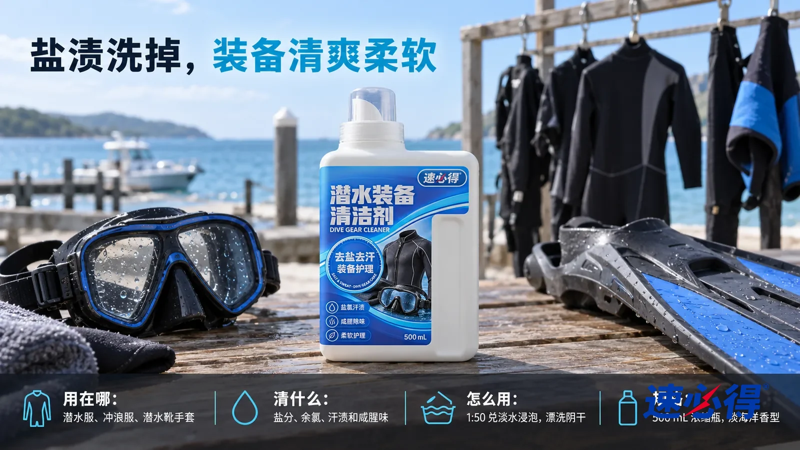 示意图：速必得潜水装备清洁剂盖好量杯盖居中站着，旁边一只潜水面镜和一双脚蹼，身后晾衣架上挂着几件潜水服（无品牌标志），蓝天和海面柔和虚化