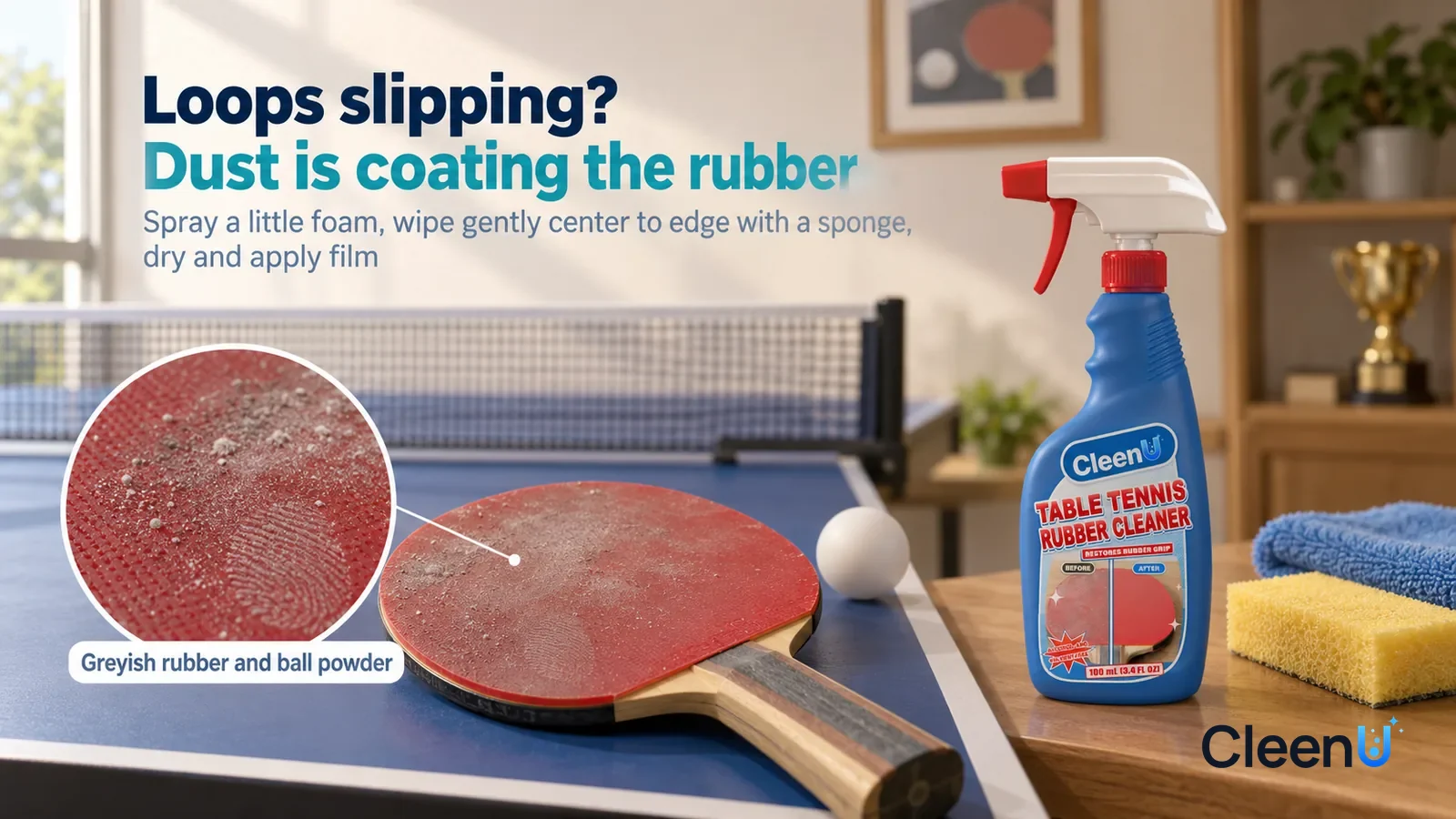 Illustration: CleenU Table Tennis Rubber Cleaner — A blue ping-pong table in a home game room, a red inverted-rubber paddle and a white ball lying on the table corner (no brand marks on paddl Headline