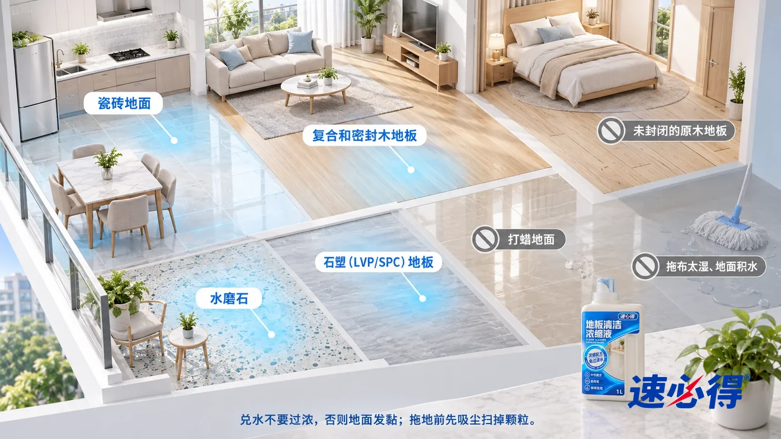 示意图:速必得地板清洁浓缩液——一张写实 3D 剖面实景图,一套明亮的家的厨房、客厅、卧室和阳台,连续空间、一个视角,不出现瓶子:瓷砖地面、复合木地板、石塑地板