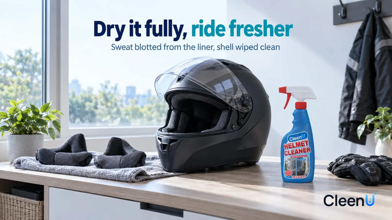 Illustration: CleenU Helmet Cleaner — A bright early-morning entryway, a clean black full-face motorcycle helmet (no brand marks) on a cabinet by the window, visor up Headline: "Dry it fully, ride fre