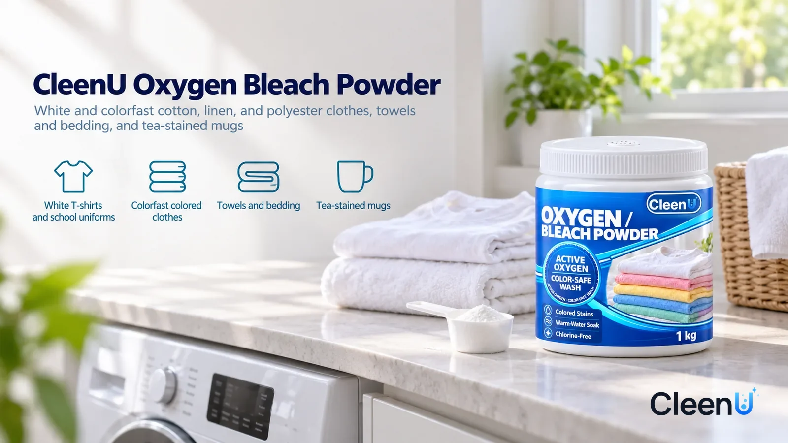 Illustration: CleenU Oxygen Bleach Powder — A bright, clean laundry corner, a few clean white T-shirts and white towels stacked on the counter beside a front-load washer