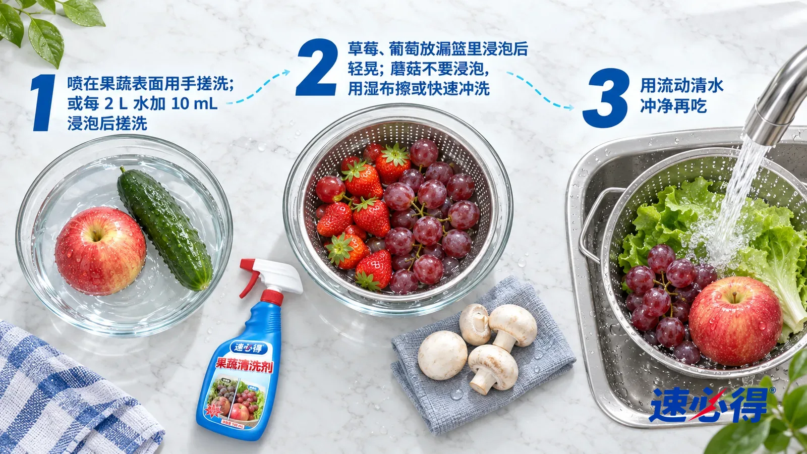 示意图：速必得果蔬清洗剂——正上方俯拍的浅色大理石台面，不出现瓶子和手：① 一只苹果、一根黄瓜和一只装着清水的透明玻璃盆；② 一只不锈钢漏篮里的葡萄和草莓浸在水盆中