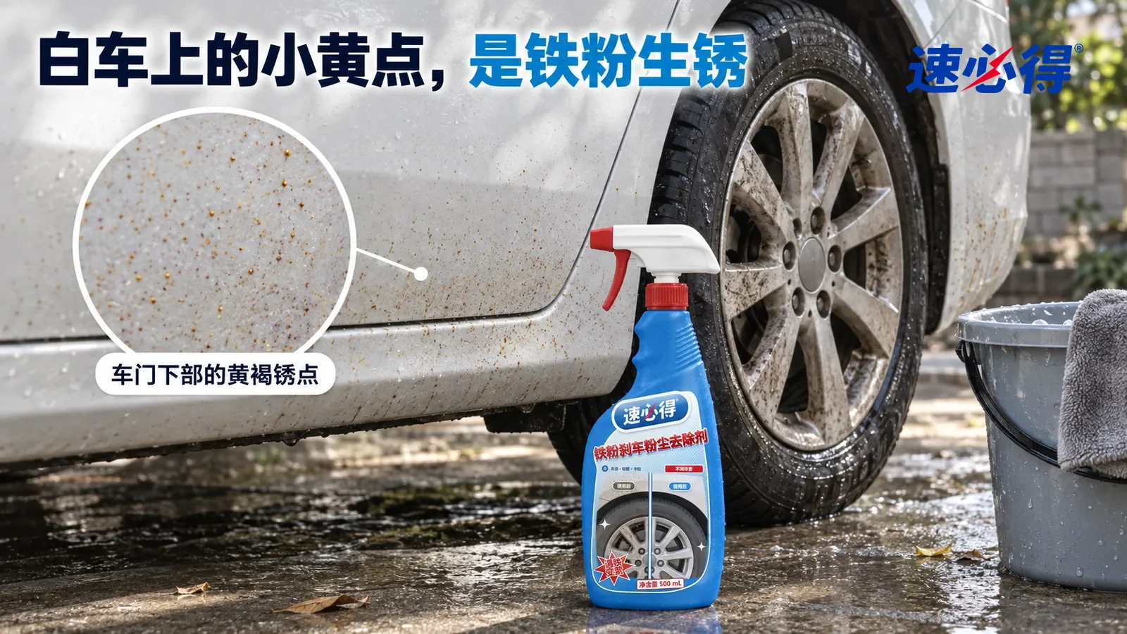 示意图：速必得铁粉刹车粉尘去除剂——家门口的车位，阴凉的树荫下一辆刚洗过、还带着水迹的白色轿车（无车标、无车牌），车门下部和后保险杠上一片细小的黄褐色锈点
