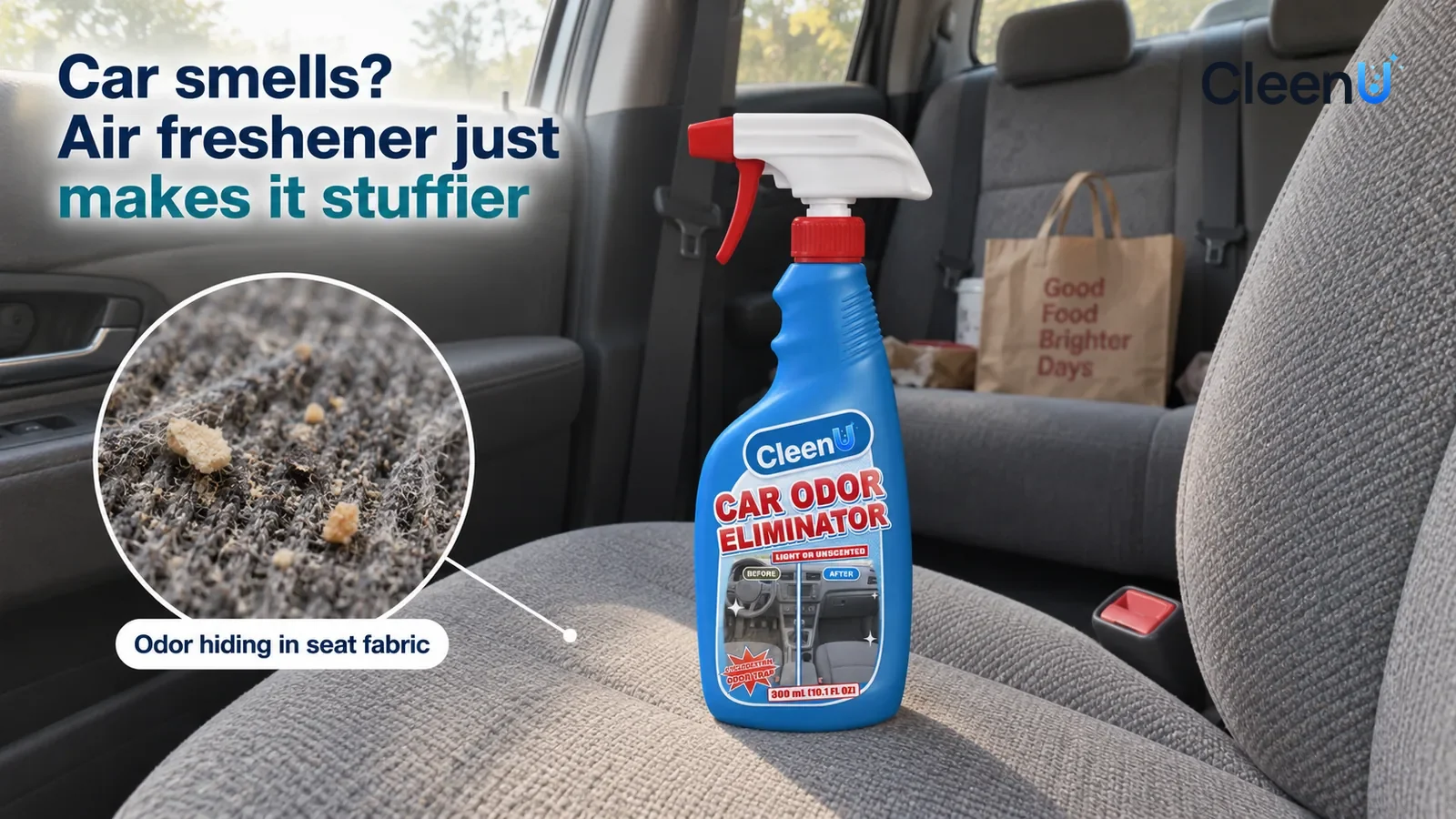 Illustration: CleenU Car Odor Eliminator — The interior of a family sedan (no car logo, no steering-wheel badge), doors and windows shut, grey fabric seats looking dull