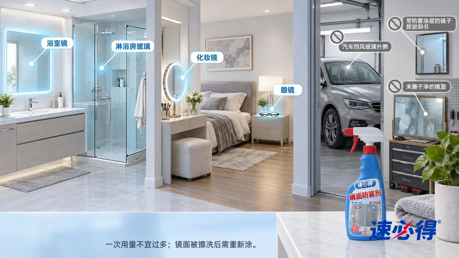 示意图：速必得镜面防雾剂——一张写实 3D 剖面实景图，一套明亮的家的主卫、卧室和车库区域，连续空间、一个视角，不出现人：浴室镜、梳妆台化妆镜、淋浴房玻璃