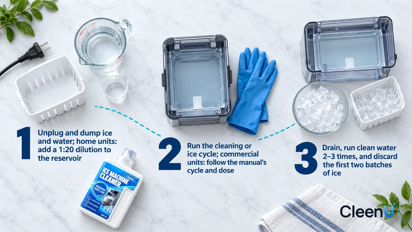 Illustration: CleenU Ice Machine Cleaner — an overhead shot straight down onto a light marble tabletop, no bottle and no hands: (1) an unplugged power plug, an emptied ice basket
