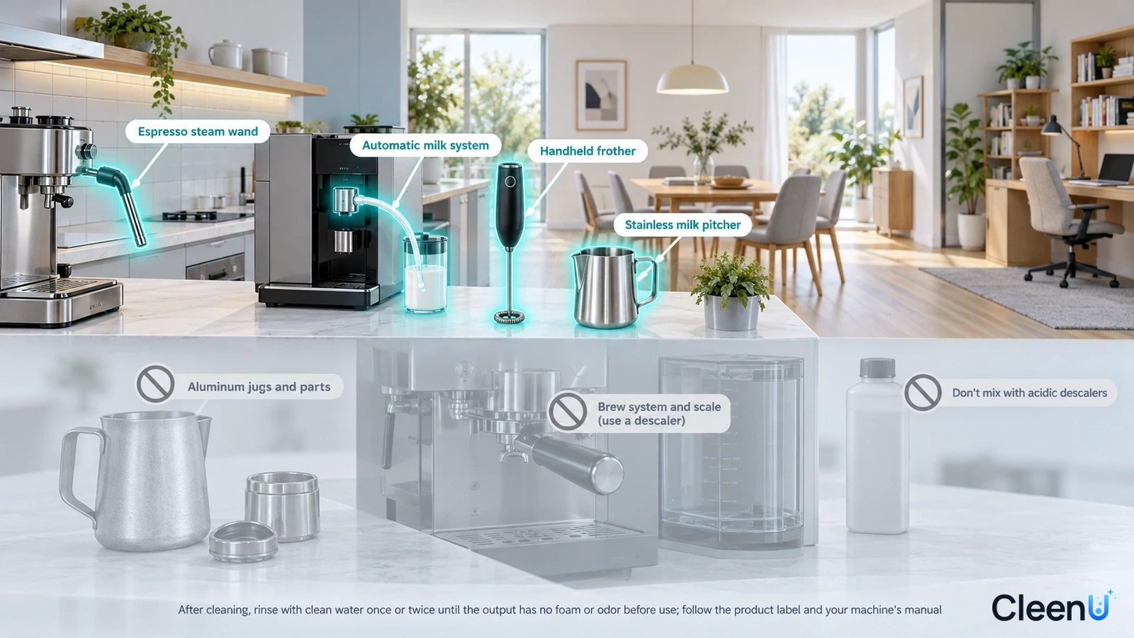 Illustration: Highlighted coffee-equipment steam wands, milk tubes and pitchers beside component precautions.