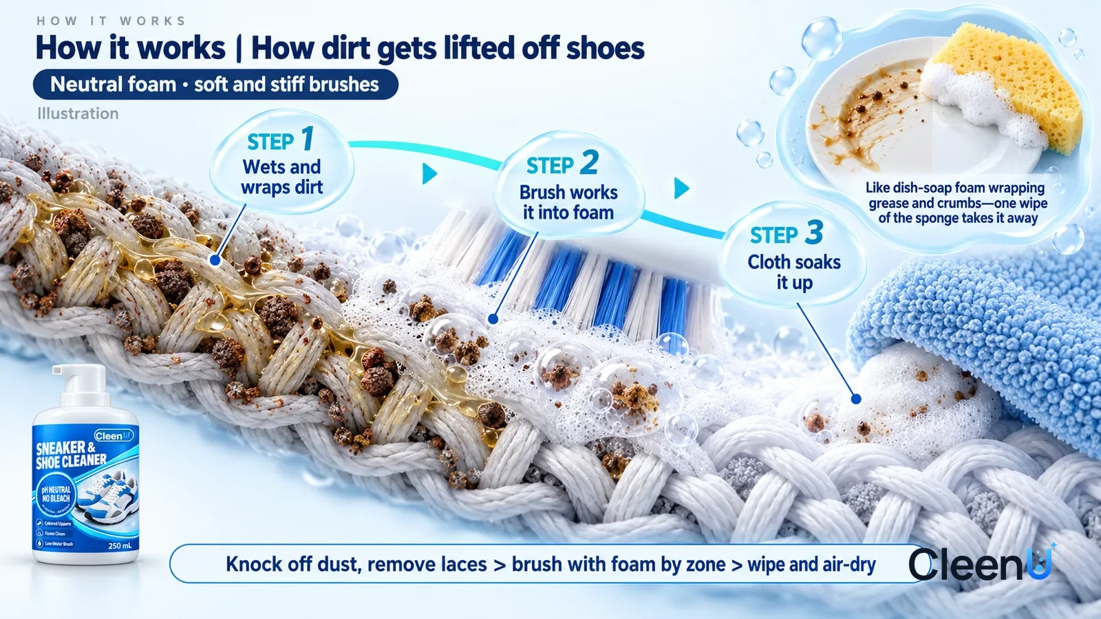 Illustration: CleenU Sneaker & Shoe Cleaner — an enormously magnified cross-section of a knit shoe upper runs diagonally from upper left to lower right
