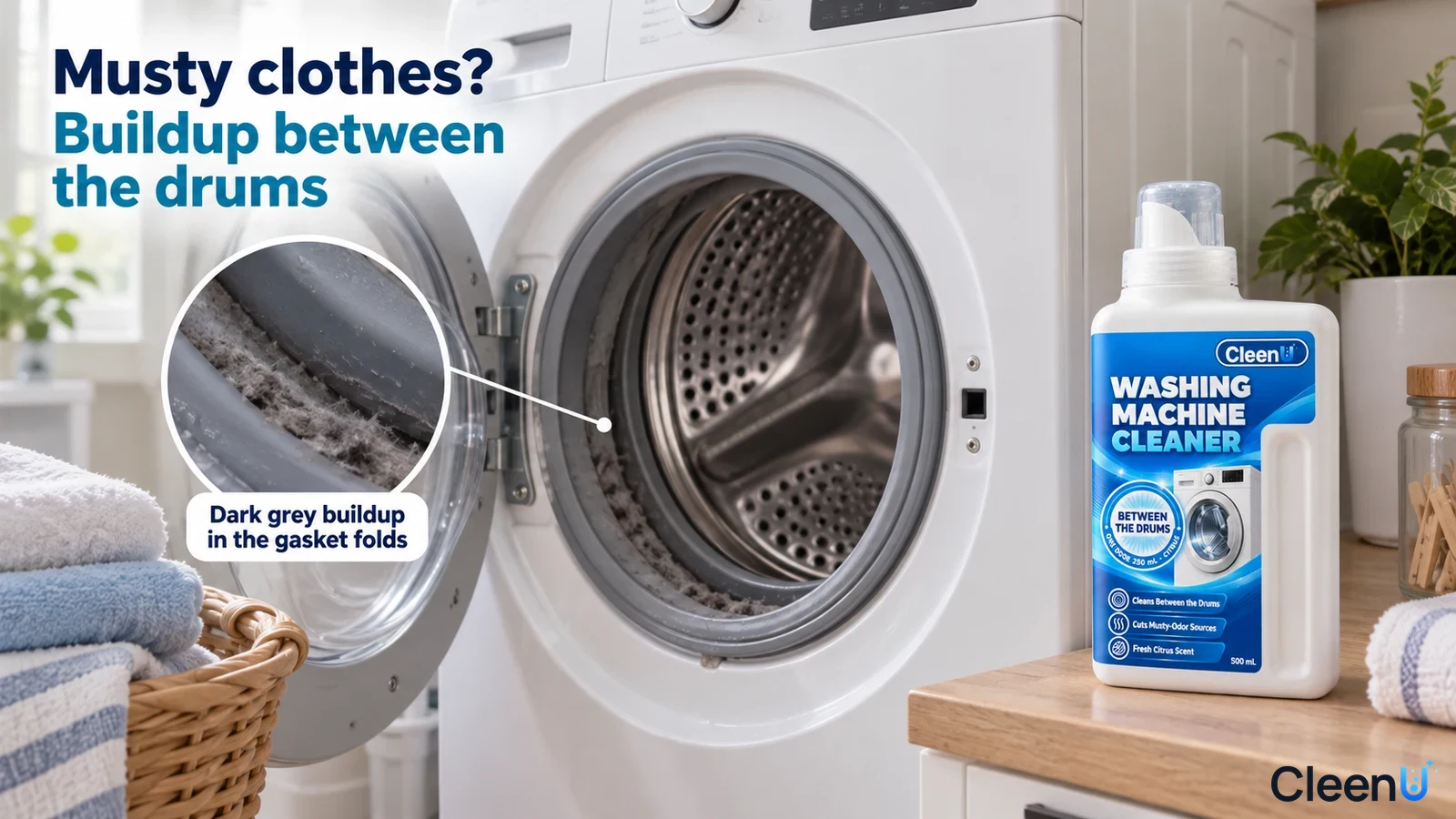 Illustration: Dark buildup inside a front-loading washer's gray door gasket beside a white cleaner bottle.