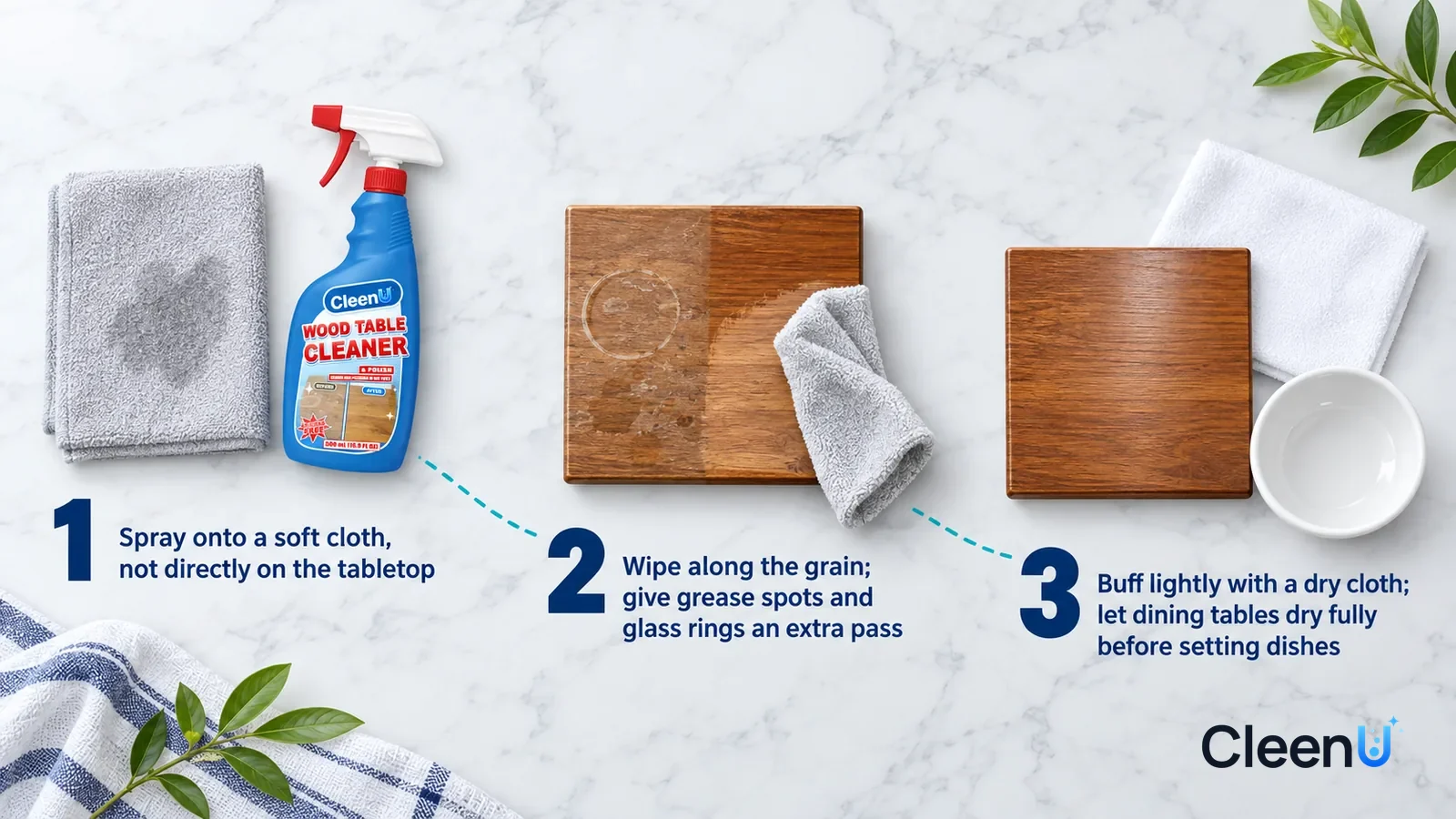 Illustration: CleenU Wood Table Cleaner & Polish — an overhead shot straight down onto a light marble tabletop, no hands: (1) a folded light grey soft cloth with a small slightly damp darker