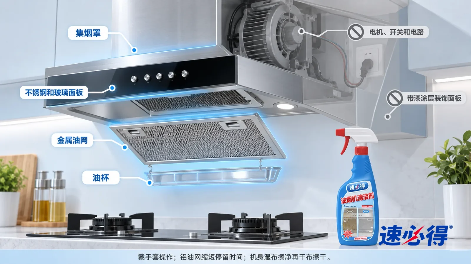 示意图：速必得油烟机清洁剂——一张写实 3D 剖面实景图，一套明亮的家的厨房区域，连续空间、一个视角，油烟机（无品牌标志）的集烟罩、钢化玻璃面板、取下的金属油网