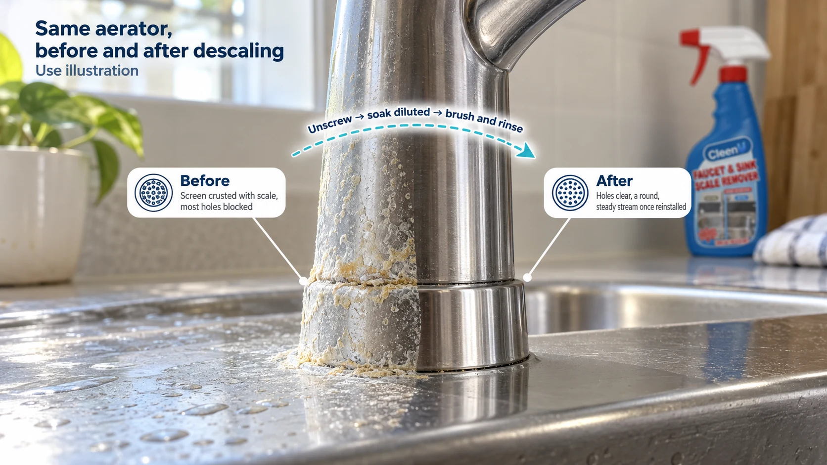Illustration: White scale and clearer areas on a faucet base and aerator; not a measured descaling test.
