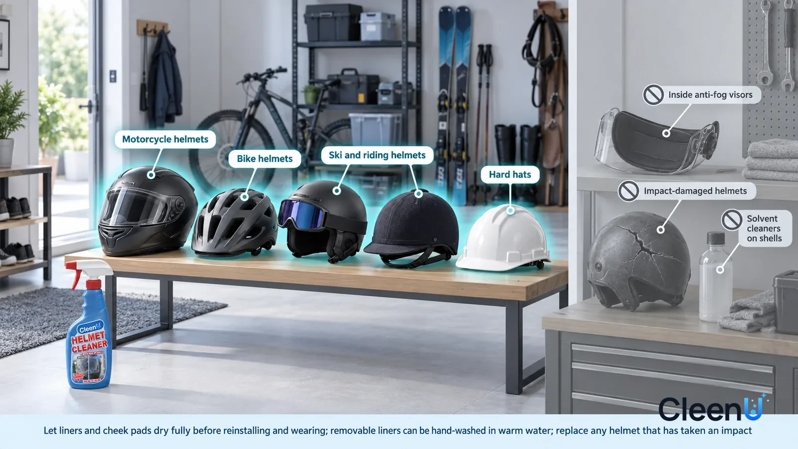 Illustration: CleenU Helmet Cleaner — A realistic 3D cutaway of a bright home's entryway, garage, and storage room, one continuous space from one viewpoint