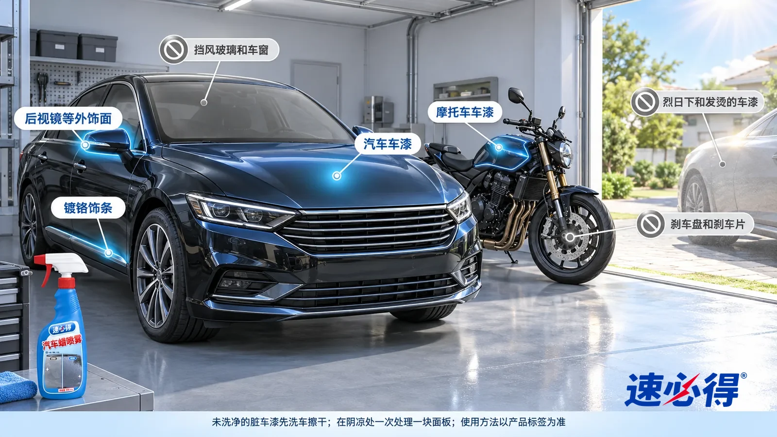 示意图：速必得汽车蜡喷雾——一张写实 3D 剖面实景图，一个明亮住宅的车库连着门前车道，连续空间、一个视角，不出现瓶子：深色轿车（无车标、不露车牌）的车漆、镀铬饰条