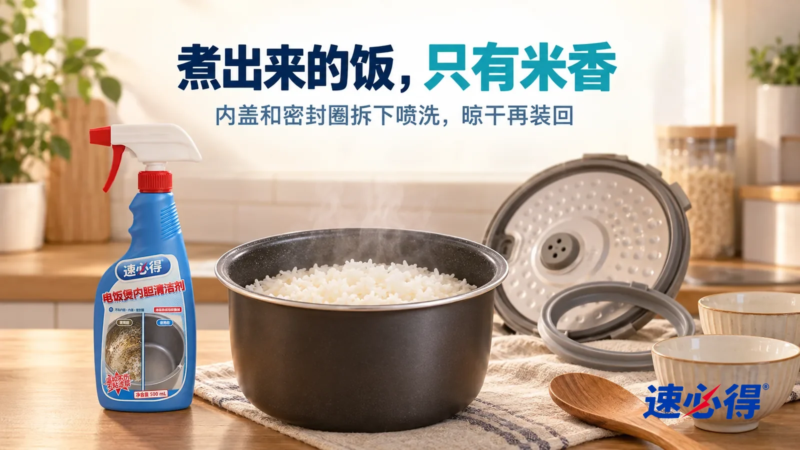 示意图：速必得电饭煲内胆清洁剂——傍晚温暖明亮的厨房，一只干净的不粘内胆里盛着刚煮好的白米饭，饭粒饱满，一缕淡淡热气升起，旁边一把木饭勺和两只空饭碗，标题“煮出来的饭，只有米香”