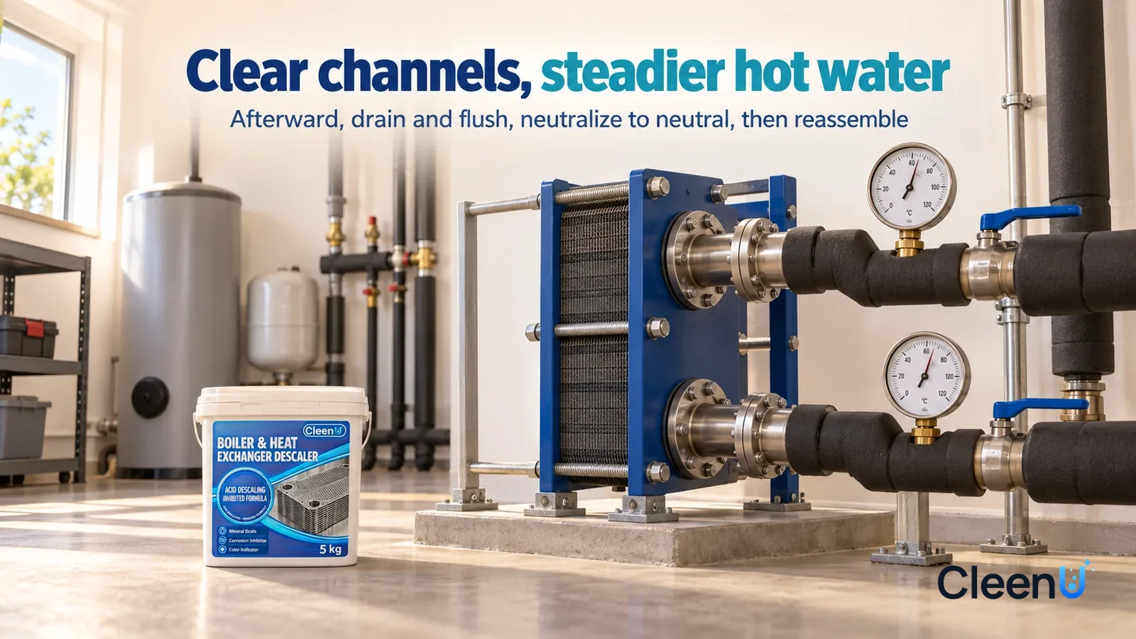 Illustration: CleenU Boiler & Heat Exchanger Descaler — A bright, tidy plant room, a reassembled floor-standing plate heat exchanger and insulated pipes neatly lined up Headline: "Clear channels, stea