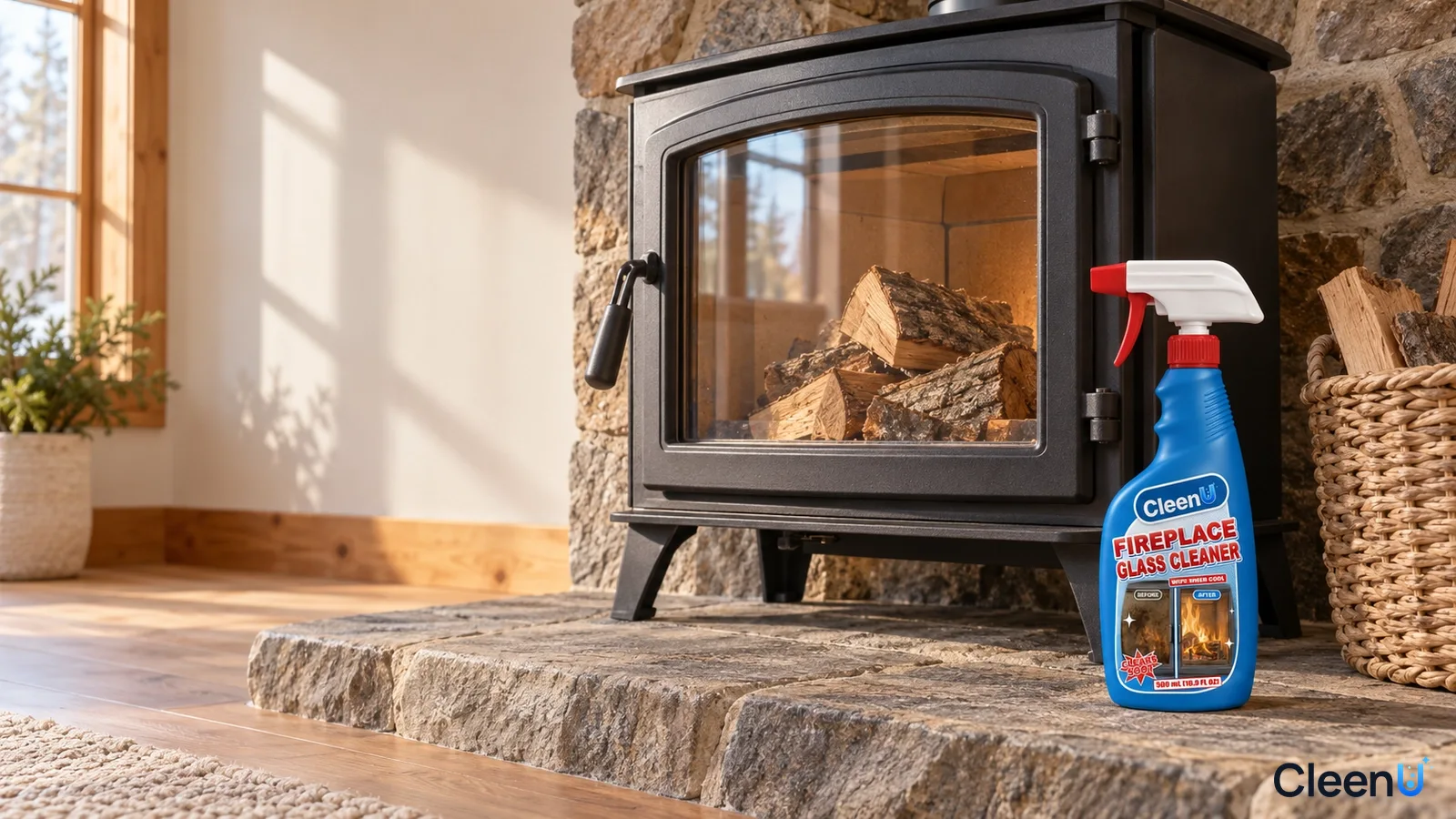 Illustration: A blue cleaner bottle beside a black stove near a window, with firewood visible through the glass.