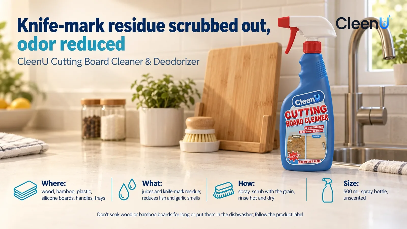 Illustration: CleenU Cutting Board Cleaner & Deodorizer stands in the right third of the frame on the counter beside the kitchen sink Headline: "Knife-mark residue scrubbed out, odor reduced"