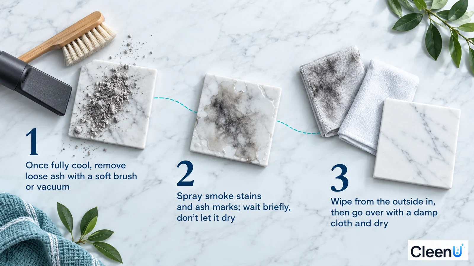 Illustration: A soft brush, vacuum nozzle, sooty stone samples and cloth with numbered steps.