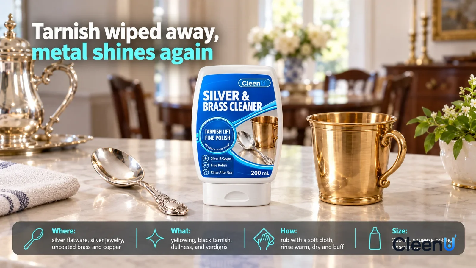 Illustration: CleenU Silver & Brass Cleaner, flip cap closed, stands upside down centered on the sideboard, a polished silver spoon and a shiny brass cup beside it