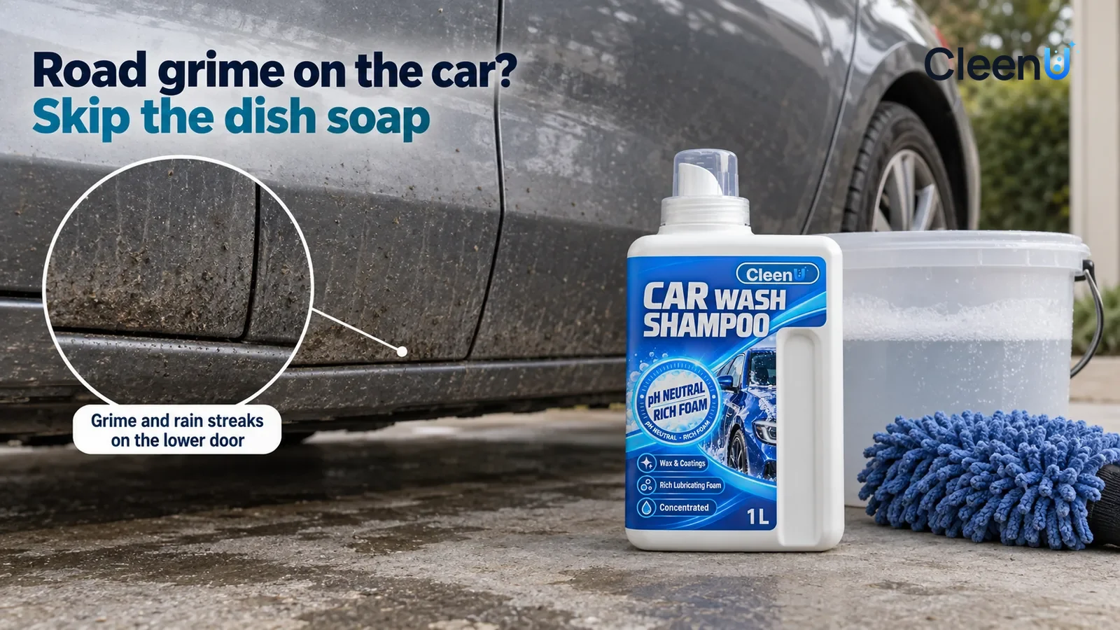 Illustration: CleenU Car Wash Shampoo — A dark grey sedan parked on a shaded concrete driveway at home, only a side section of the door and rear quarter panel in frame, no badge