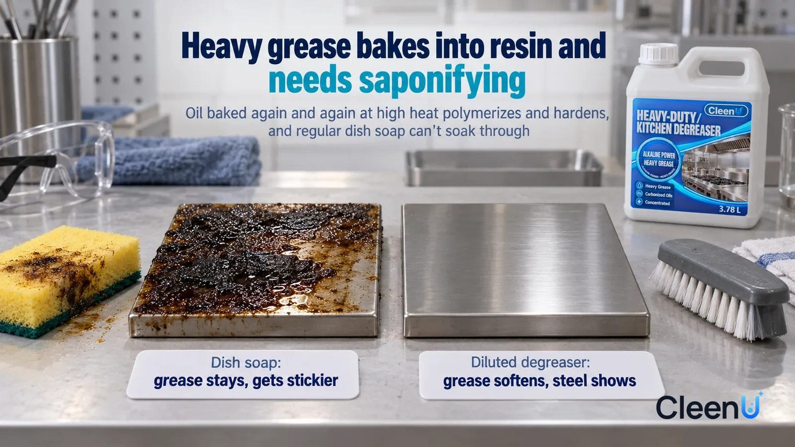 Illustration: CleenU Heavy-Duty Kitchen Degreaser — A landscape medium close-up of a small experiment in a cleaning lab: two identical stainless-steel samples side by side on a white test benc Headlin