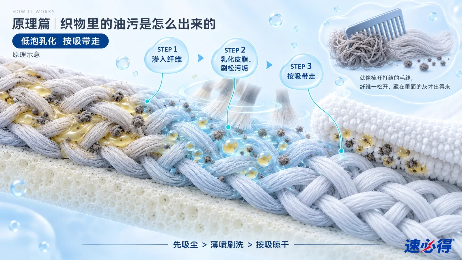 示意图：编织纤维剖面、污渍颗粒、液滴与白色布。