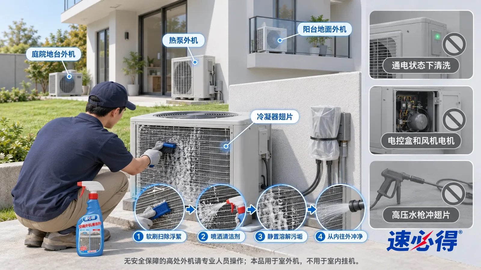 示意图:速必得空调外机清洁剂——同一后院水泥地台上的室外冷凝机,风扇静止;操作位置从地面可及