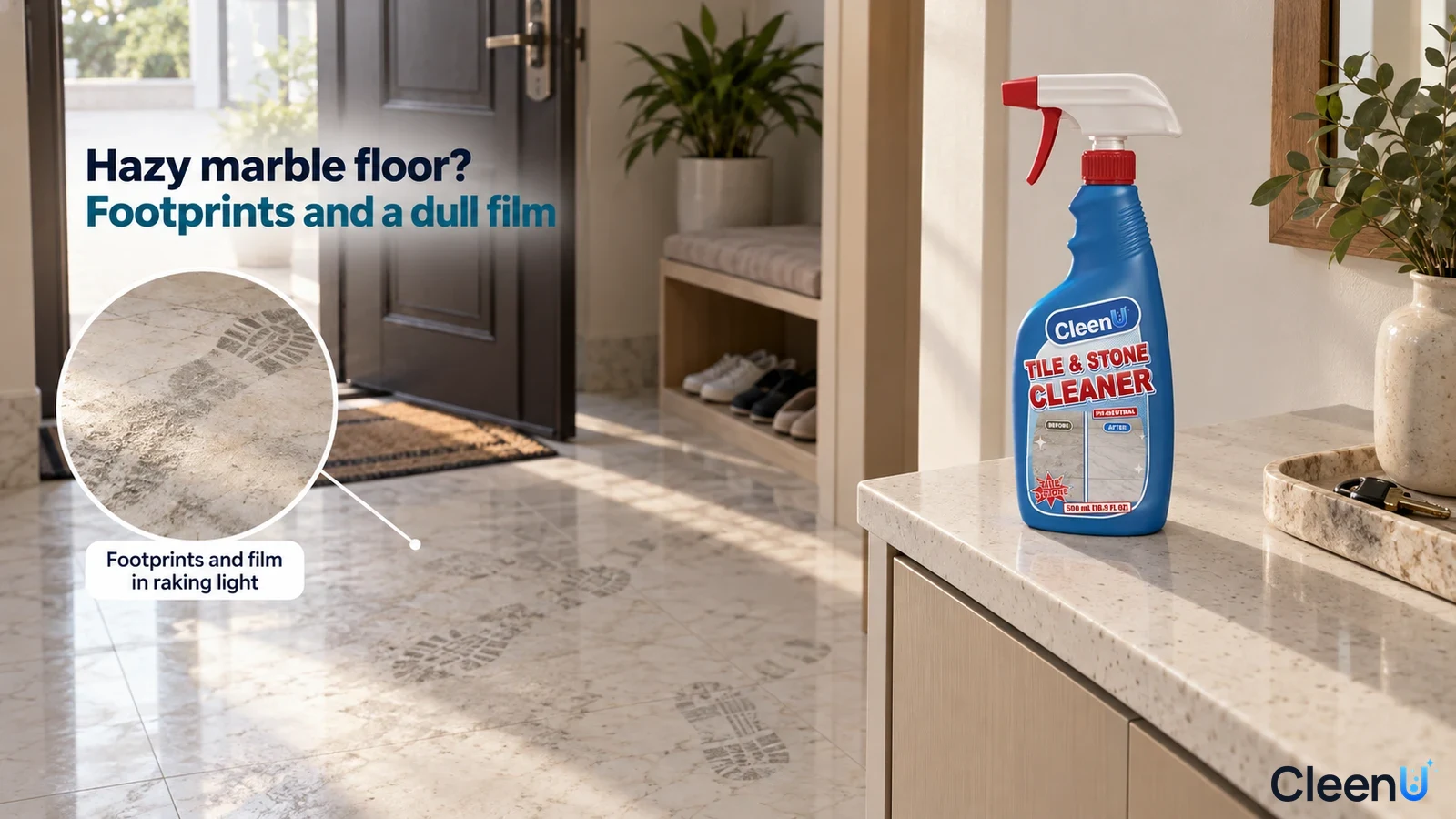 Illustration: Footprints and hazy areas on a marble entry floor beside a blue bottle on the counter.
