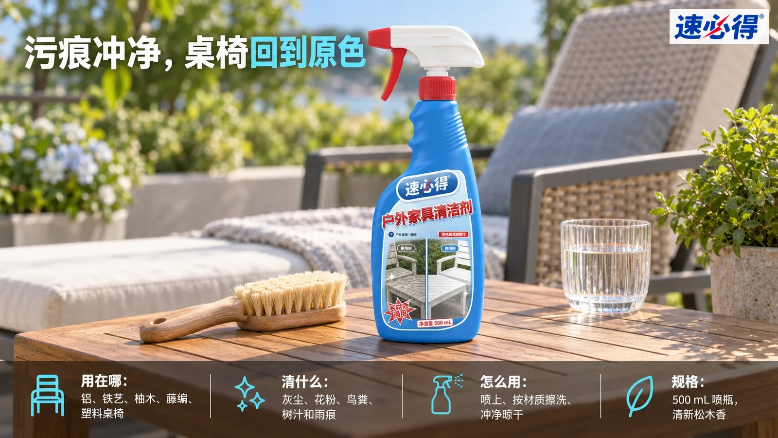 示意图：蓝色喷瓶与刷子摆在户外座椅旁的木桌上。