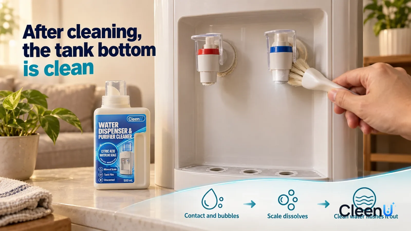 Illustration: CleenU Water Dispenser & Purifier Cleaner — A white bottled-water dispenser (no brand marks) in a living-room corner