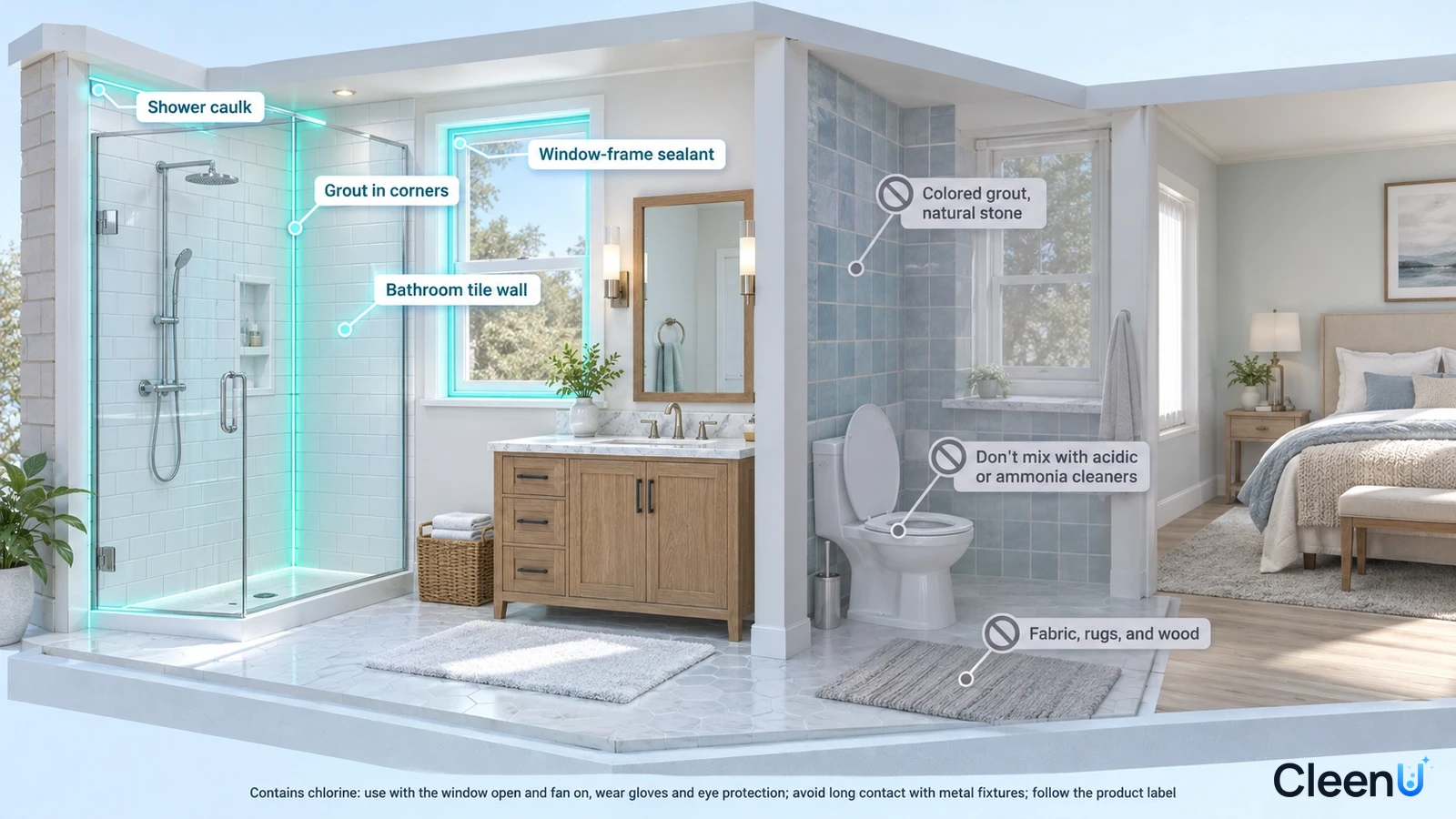Illustration: Highlighted shower edges, window frames and caulk seams beside material precautions.