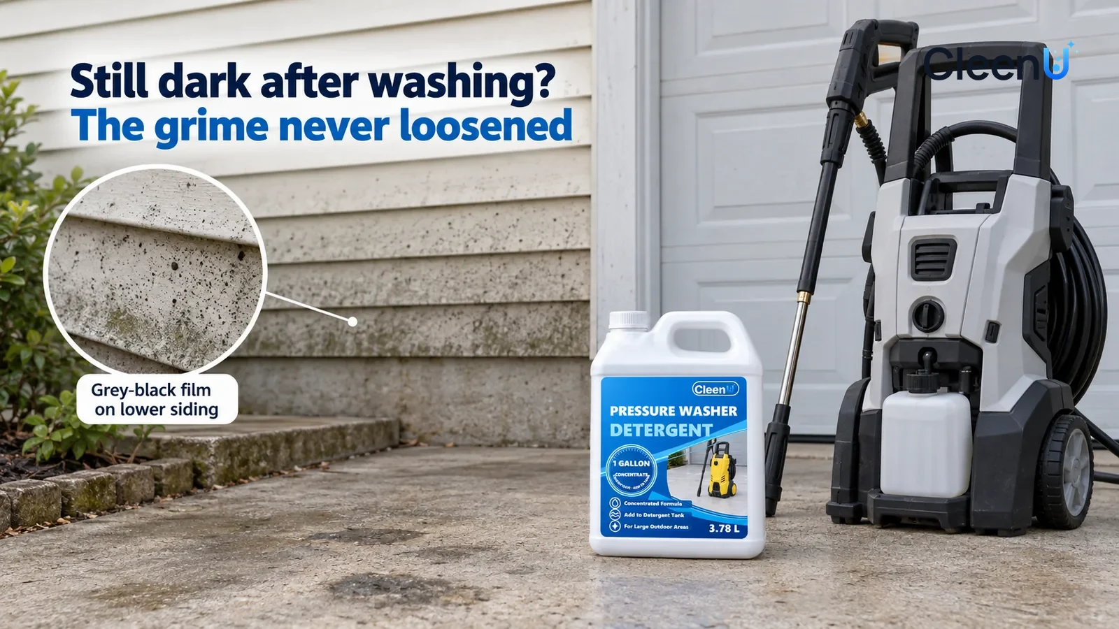 Illustration: CleenU Pressure Washer Detergent — The front of a single-family house in soft overcast light, a grey-black film and scattered black dots clearly visible on the lower half of t