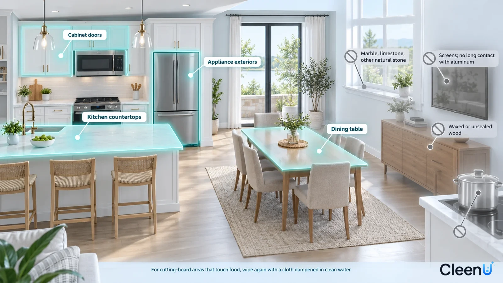 Cutaway kitchen and dining illustration highlighting cabinet doors, counters and a dining table beside surface precaution icons.