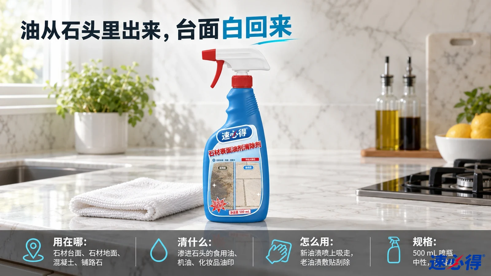 示意图：蓝色喷瓶与折叠灰布摆在浅色石材厨房台面。