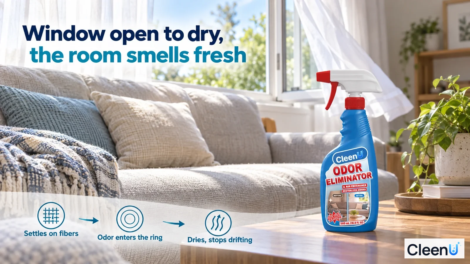Illustration: A fabric sofa, cushions, throw and blue spray bottle beside an open window.