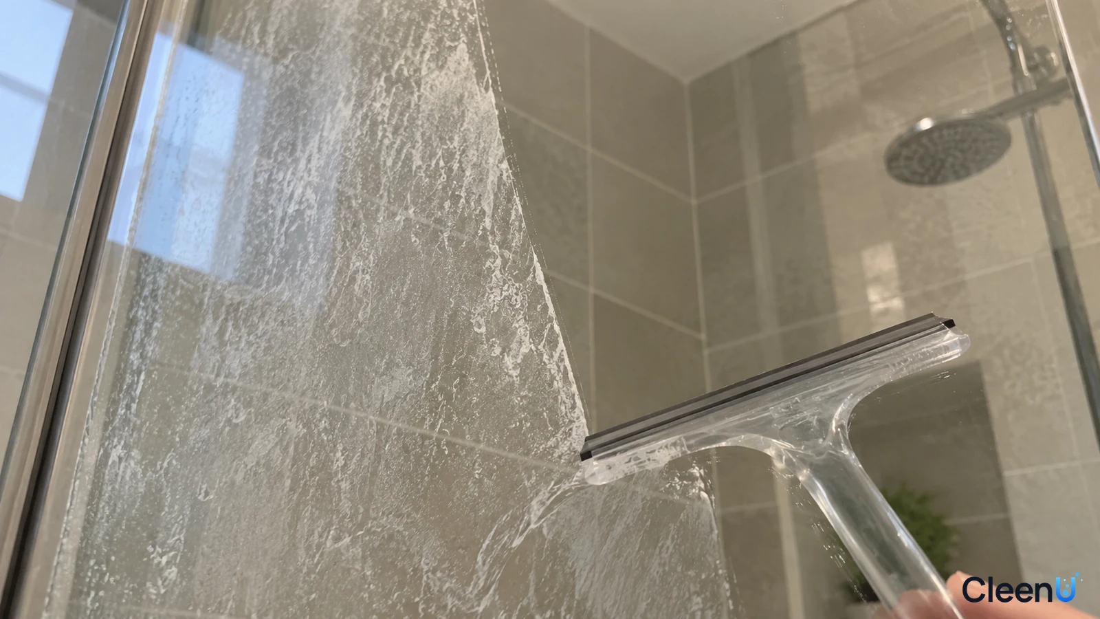 Close-up illustration of shower glass with white water marks and a squeegee at the right.