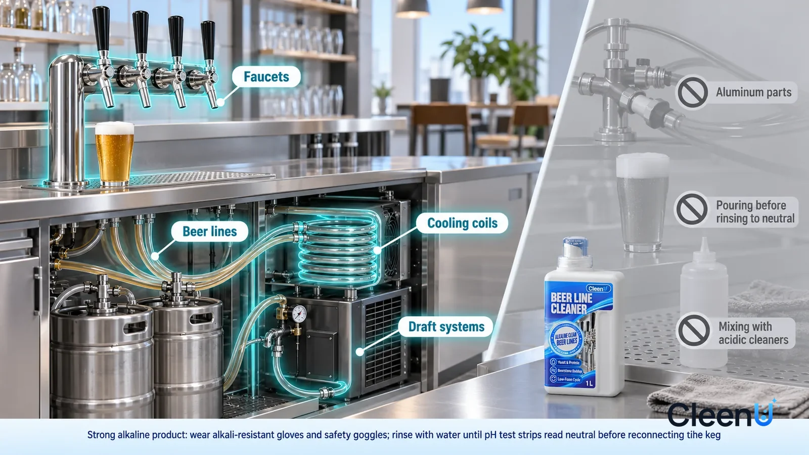 Illustration: CleenU Beer Line Cleaner — A realistic 3D cutaway of the bar area and equipment room of a bright small restaurant bar, one continuous space from one viewpoint