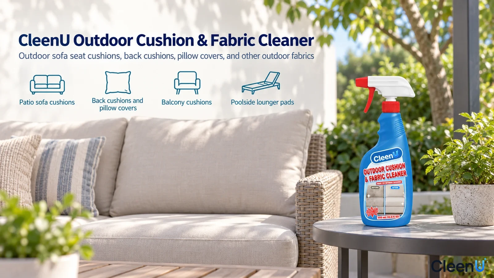 Illustration: A blue bottle beside a patio sofa with use icons.