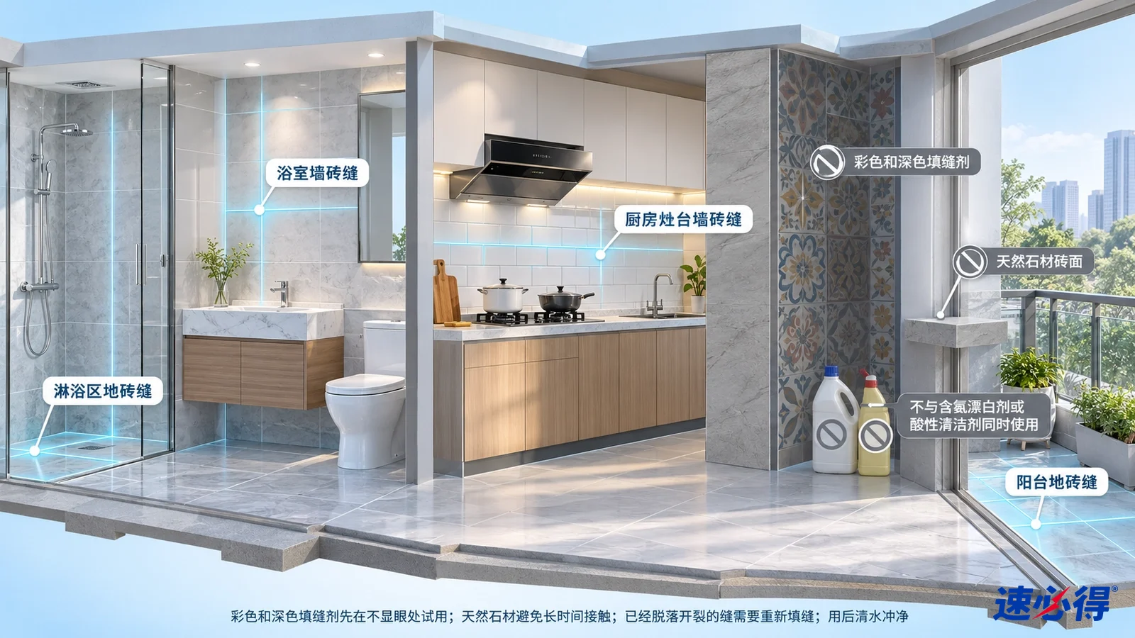 示意图:厨房及浴室的瓷砖缝区域被突出显示,旁列材质注意事项。